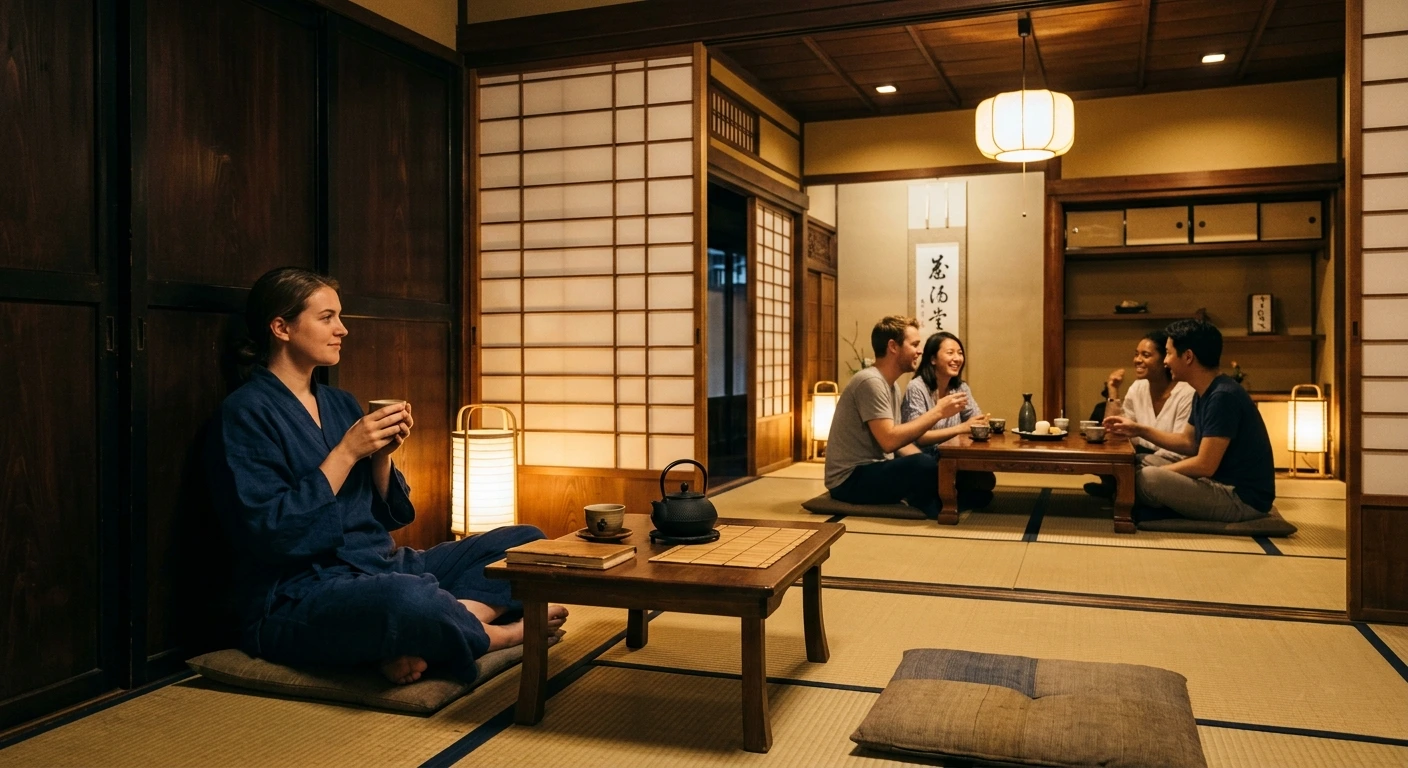 A cozy Kyoto guesthouse at night with warm lighting, tatami mats, shoji screens, a tea set, and a traveler relaxing in solitude.